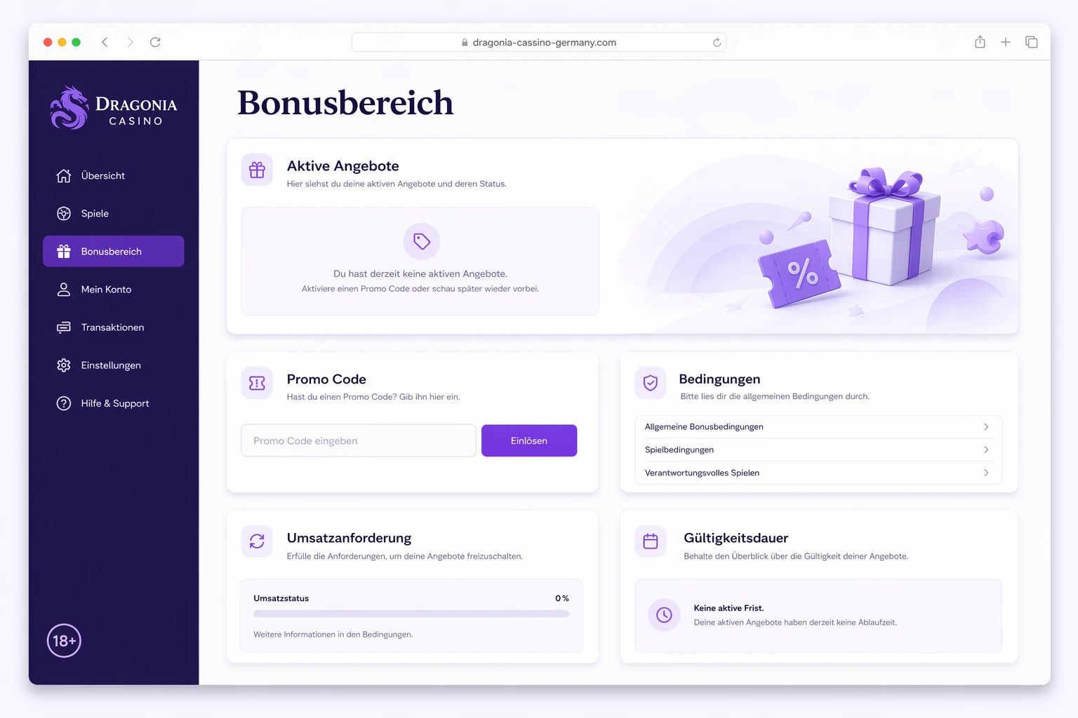 Der Bonusbereich nach dem Login